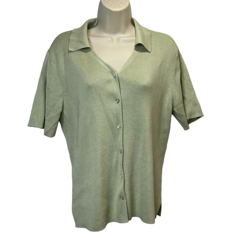 Vintage Laura Scott Knitted Button Down V Neckline Brie Shirt Blouse Size L